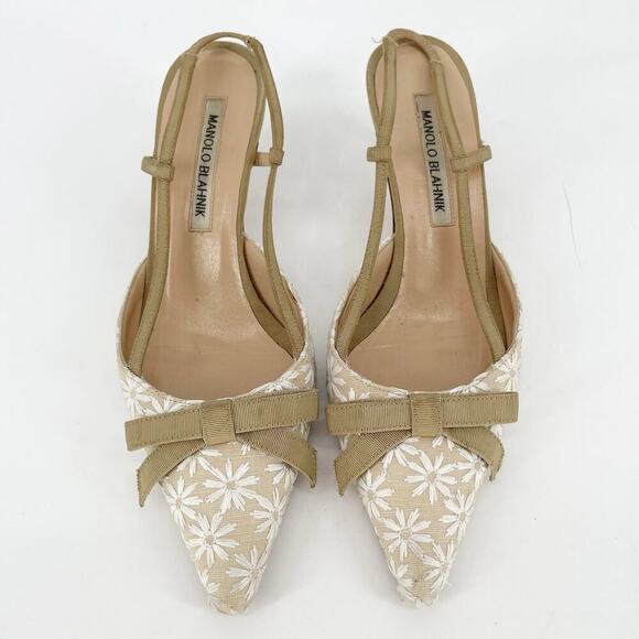 Manolo Blahnik Cream Tan Floral Embroidered Bow Pointed Toe Slingback Heel IT 37 - Picture 6 of 12